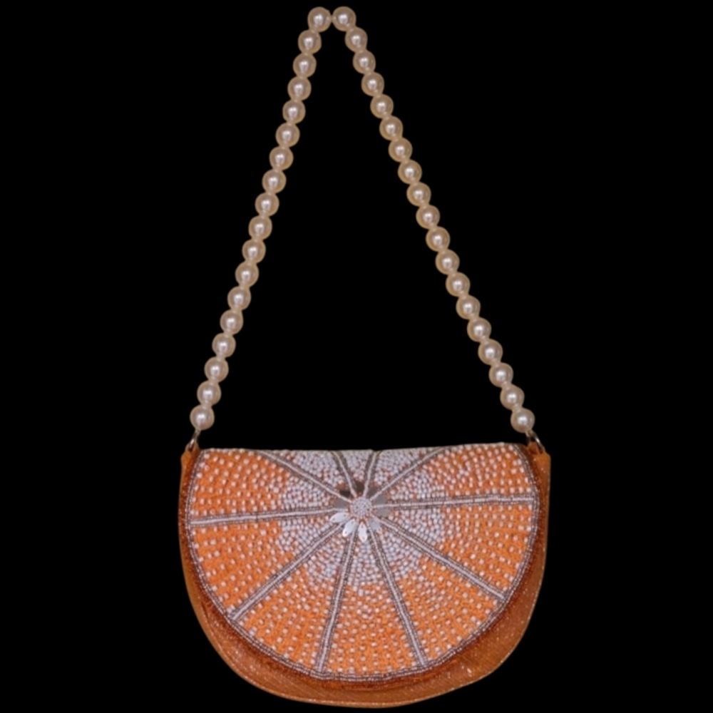 🍊Beaded Crescent-Shaped Juicy Orange Clutch / Shoulder Pearl Strap Bag - NWT🍊